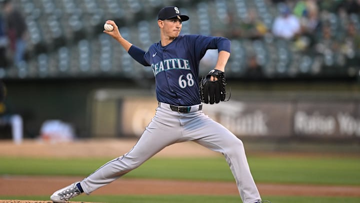 Seattle Mariners starting pitcher George Kirby throws against the Oakland Athletics during a game Wednesday at Oakland Coliseum.