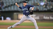 Seattle Mariners starting pitcher George Kirby throws during a game against the Oakland Athletics on Sept. 4 at Oakland Coliseum.
