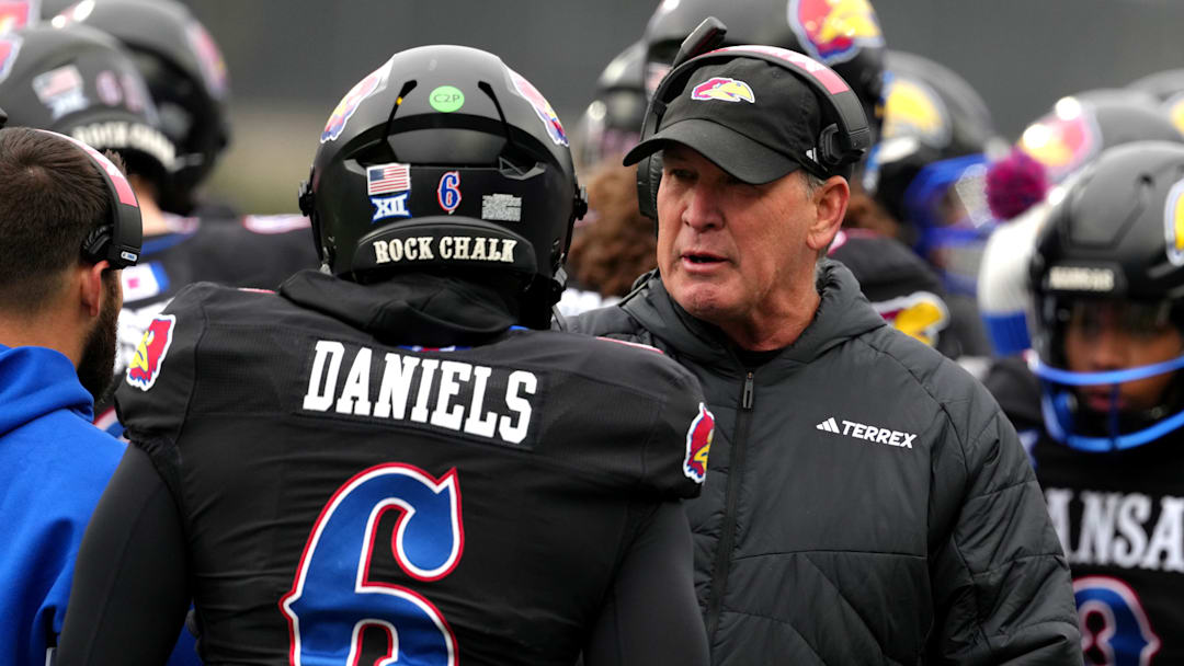 Kansas football quarterback Jalon Daniels and head coach Lance Leipold