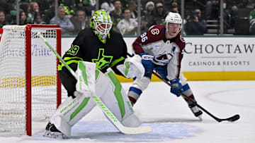 Nov 29, 2024; Dallas, Texas, USA; Dallas Stars goaltender Jake Oettinger (29) and Colorado Avalanche right wing Mikko Rantanen (96) in action during the game between the Dallas Stars and the Colorado Avalanche at American Airlines Center. Mandatory Credit: Jerome Miron-Imagn Images