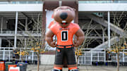 Nov 9, 2024; Corvallis, Oregon, USA; Oregon State Beavers giant inflatable mascot greets fans before the game against the San Jose State Spartans at Reser Stadium. Mandatory Credit: Craig Strobeck-Imagn Images