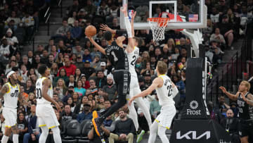 Dec 26, 2023; San Antonio, Texas, USA; San Antonio Spurs center Victor Wembanyama (1) goes up for a