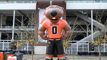 Nov 9, 2024; Corvallis, Oregon, USA; Oregon State Beavers giant inflatable mascot greets fans before the game against the San Jose State Spartans at Reser Stadium. Mandatory Credit: Craig Strobeck-Imagn Images