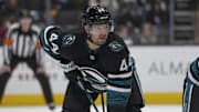Jan 2, 2025; San Jose, California, USA;  San Jose Sharks  defender Marc-Edouard Vlasic (44) during the first period against the Tampa Bay Lightning at SAP Center at San Jose. Mandatory Credit: Stan Szeto-Imagn Images