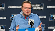 Mar 19, 2025; Providence, RI, USA; Kansas Jayhawks head coach Bill Self speaks to the media during a press conference at Amica Mutual Pavilion. Mandatory Credit: Eric Canha-Imagn Images