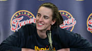 May 4, 2025; Iowa City, IA, USA; Indiana Fever guard Caitlin Clark (22) answers questions before the preseason game against the Brazil National Team at Carver-Haweye Arena.  Mandatory Credit: Jeffrey Becker-Imagn Images
