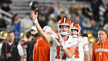 Oct 11, 2025; Chestnut Hill, Massachusetts, USA; Clemson Tigers quarterback Christopher Vizzina (17) warms up before a game against the Boston College Eagles at Alumni Stadium. Mandatory Credit: Eric Canha-Imagn Images