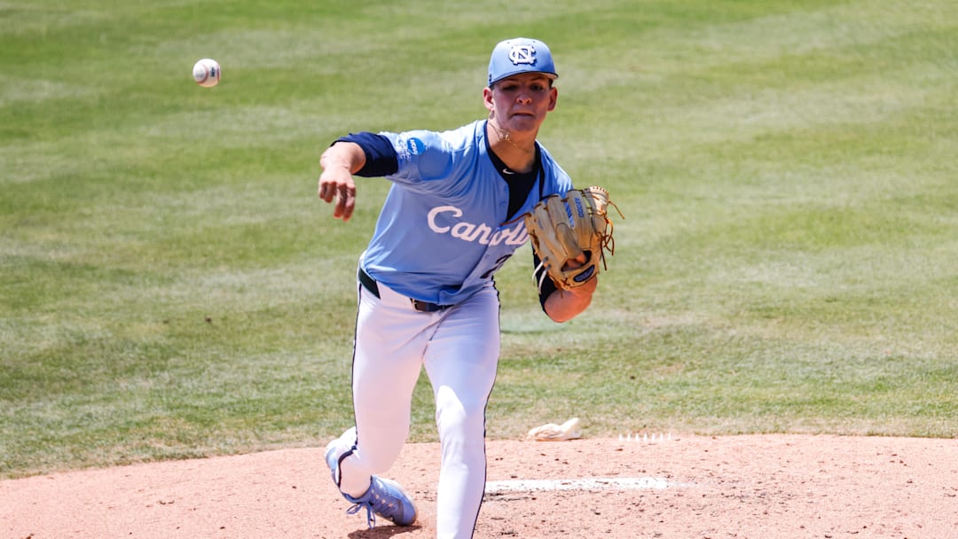 Jun 7, 2025; Chapel Hill, NC, USA; North Carolina pitcher Jason DeCaro (29) pitches the ball during the first inning of the Super Regionals game against Arizona in Chapel Hill, North Carolina. Mandatory Credit: Jaylynn Nash-Imagn Images