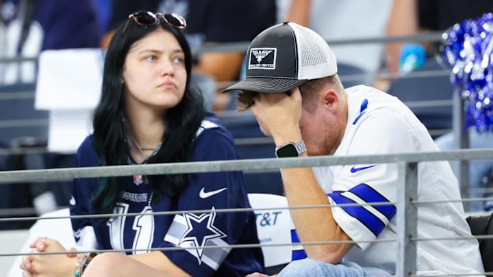 Sep 22, 2024; Arlington, Texas, USA;  Dallas Cowboys fans react during the second half against the Baltimore Ravens at AT&T Stadium. Mandatory Credit: Kevin Jairaj-Imagn Images