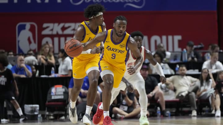 Jul 12, 2024; Las Vegas, NV, USA; Los Angeles Lakers guard Bronny James (9) dribbles the ball during the second half against the Houston Rockets at the Thomas & Mack Center. Mandatory Credit: Lucas Peltier-USA TODAY Sports