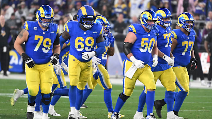 Los Angeles Rams offensive linemen Alaric Jackson, Rob Havenstein, Steve Avila, Beaux Limmer, Kevin Dotson
