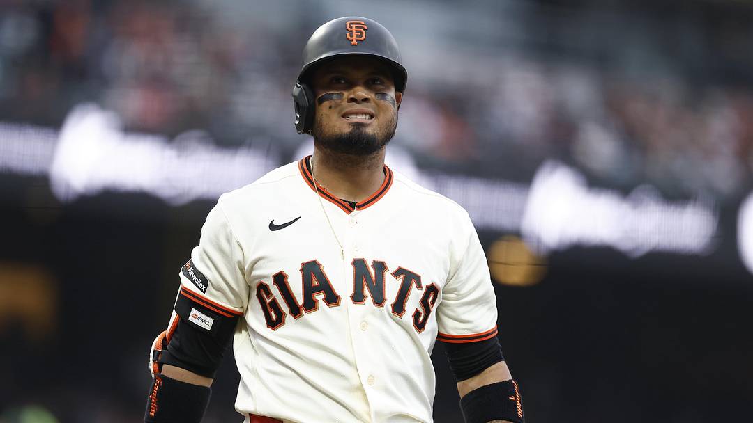 May 4, 2026; San Francisco, California, USA; San Francisco Giants second baseman Luis Arraez (1) between pitches against the San Diego Padres during the first inning at Oracle Park. Mandatory Credit: Kelley L Cox-Imagn Images