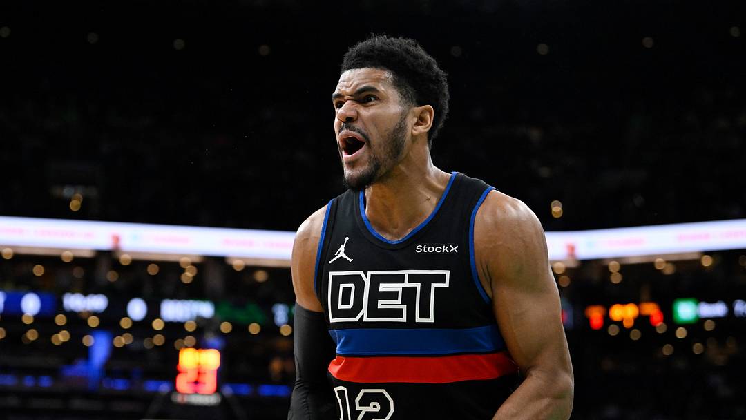 Dec 12, 2024; Boston, Massachusetts, USA; Detroit Pistons forward Tobias Harris (12) reacts to game action against the Boston Celtics during the first half at TD Garden. Mandatory Credit: Eric Canha-Imagn Images