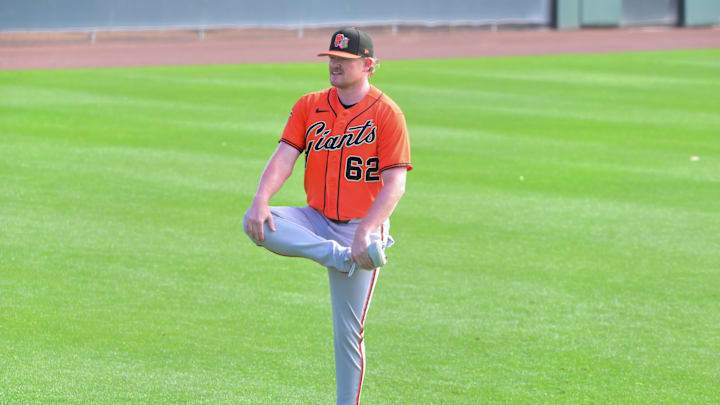 Feb 18, 2026; Scottsdale, AZ, USA; San Francisco Giants pitcher Logan Webb (62) warms up during a Spring Training workout at Scottsdale Stadium Mandatory Credit: Matt Kartozian-Imagn Images