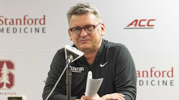 Feb 26, 2025; Stanford, California, USA;  Stanford Cardinal head coach Kyle Smith speaks with the media after defeating the Boston College Eagles at Maples Pavilion. Mandatory Credit: Stan Szeto-Imagn Images