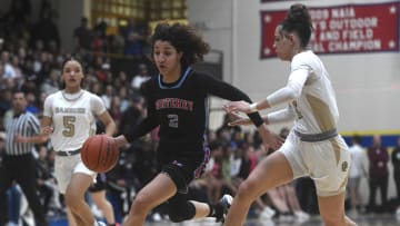 Monterey's Aaliyah Chavez dribbles the ball against Amarillo High in the Region I-5A quarterfinal basketball playoff game, Monday, Feb. 19, 2024, at the Hutcherson Center in Plainview.