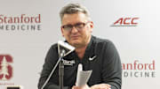 Feb 26, 2025; Stanford, California, USA;  Stanford Cardinal head coach Kyle Smith speaks with the media after defeating the Boston College Eagles at Maples Pavilion. Mandatory Credit: Stan Szeto-Imagn Images