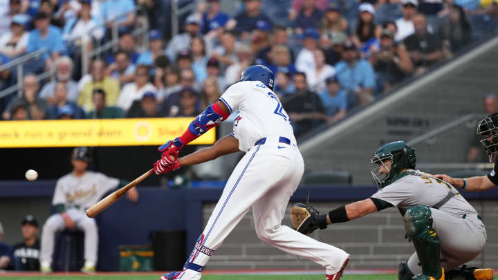 Toronto Blue Jays first baseman Vladimir Guerrero Jr. (27) hits a double against the Oakland Athletics during the first inning at Rogers Centre on Aug 9.