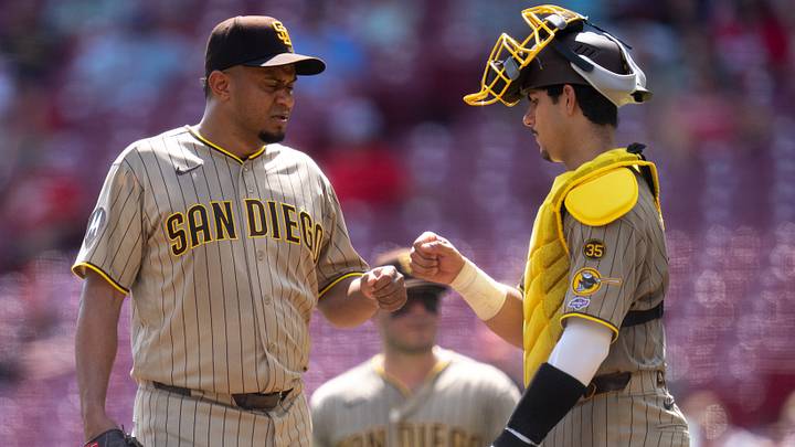 San Diego Padres pitcher Wandy Peralta (58) fist bumps San Diego Padres catcher Ethan Salas (8) in the sixth inning of the MLB game between the San Diego Padres and Cincinnati Reds at Great American Ball Park in Cincinnati on Wednesday, September 2, 2026.