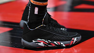 Mar 27, 2024; Toronto, Ontario, CAN;   Aview of a shoe worn by Toronto Raptors guard Bruce Brown (11) against the New York Knicks at Scotiabank Arena. Mandatory Credit: Dan Hamilton-Imagn Images