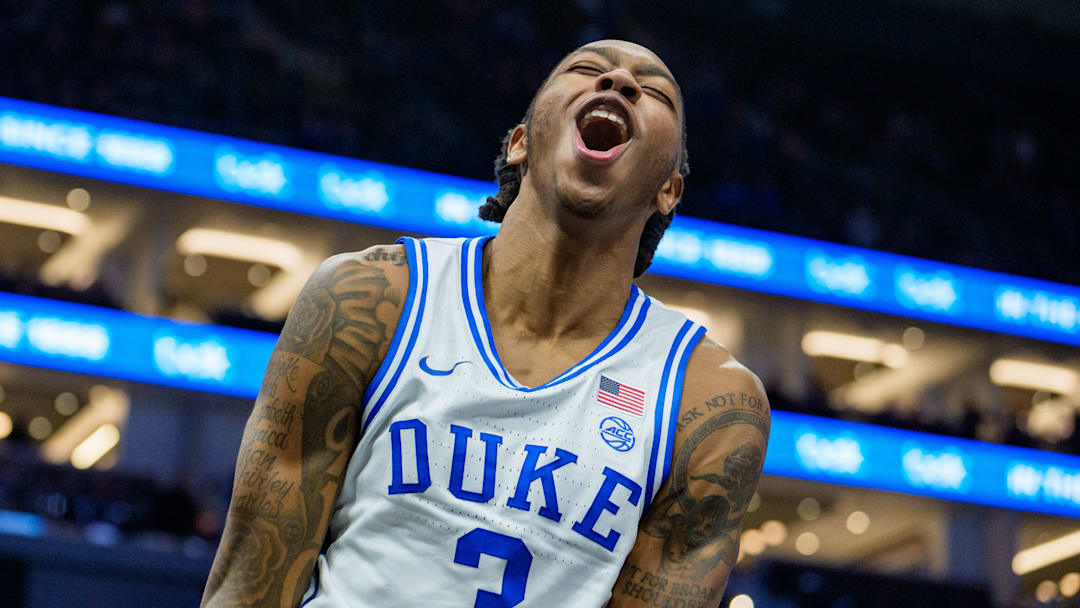 Duke basketball wing Isaiah Evans celebrates after making a play against Texas