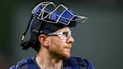 Aug 17, 2024; Baltimore, Maryland, USA; Boston Red Sox catcher Danny Jansen (28) looks on prior to the game between the Baltimore Orioles and the Boston Red Sox at Oriole Park at Camden Yards. Mandatory Credit: Reggie Hildred-USA TODAY Sports