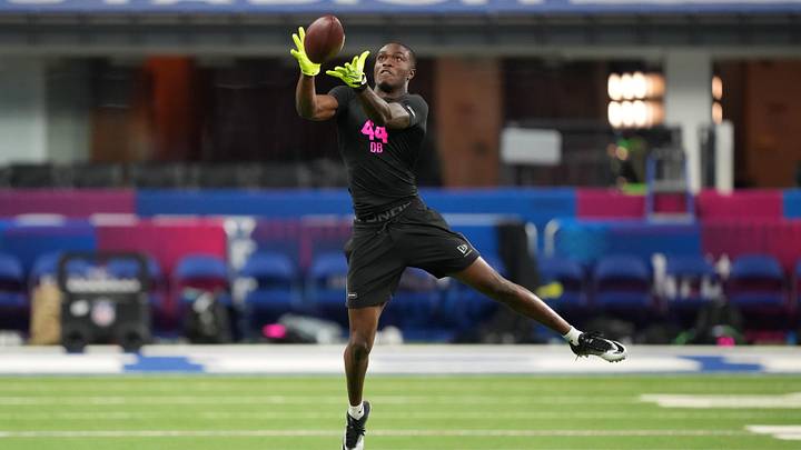 Feb 27, 2026; Indianapolis, IN, USA; Kansas State defensive back VJ Payne (DB44) during the NFL Scouting Combine at Lucas Oil Stadium. 