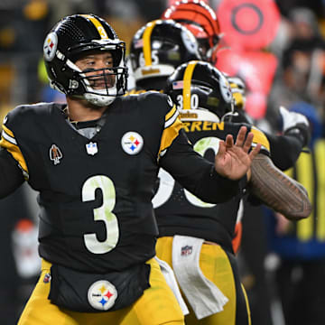 Jan 4, 2025; Pittsburgh, Pennsylvania, USA; Pittsburgh Steelers quarterback Russell Wilson (3) throws a pass against the Cincinnati Bengals during the second quarter at Acrisure Stadium. Mandatory Credit: Barry Reeger-Imagn Images