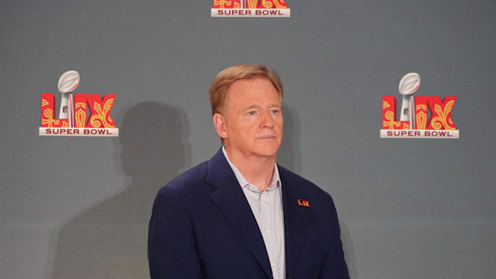 NFL commissioner Roger Goodell looks on during a press conference ahead of Super Bowl LIX.