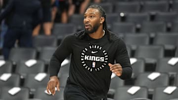 Apr 11, 2025; Sacramento, California, USA; Sacramento Kings forward Jae Crowder (99) warms up before the game against the Los Angeles Clippers at Golden 1 Center. Mandatory Credit: Darren Yamashita-Imagn Images
