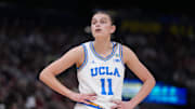 Apr 4, 2025; Tampa, FL, USA;  UCLA Bruins guard Gabriela Jaquez (11) reacts during second quarter in a semifinal of the women's 2025 NCAA tournament against the Connecticut Huskies at Amalie Arena. Mandatory Credit: Kirby Lee-Imagn Images