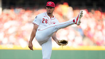 Cincinnati Reds pitcher Chase Burns (26) makes his MLB debut in the first inning of the MLB interleague game between the Cincinnati Reds and the New York Yankees at Great American Ball Park in downtown Cincinnati on Tuesday, June 24, 2025.
