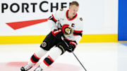 Nov 12, 2024; Toronto, Ontario, CAN; Ottawa Senators left wing Brady Tkachuk (7) skates during the warmup against the Toronto Maple Leafs at Scotiabank Arena. Mandatory Credit: Nick Turchiaro-Imagn Images