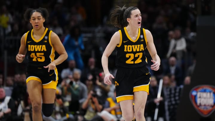 Apr 7, 2024; Cleveland, OH, USA; Iowa Hawkeyes guard Caitlin Clark (22) reacts in the fourth quarter against the South Carolina Gamecocks in the finals of the Final Four of the womens 2024 NCAA Tournament at Rocket Mortgage FieldHouse. Mandatory Credit: Kirby Lee-USA TODAY Sports