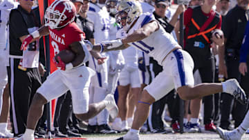 Oct 26, 2024; Bloomington, Indiana, USA; Indiana Hoosiers running back Kaelon Black (8) runs out of bounds during the fourth quarter against the Washington Huskies at Memorial Stadium. Mandatory Credit: Jacob Musselman-Imagn Images