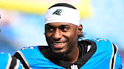 Oct 26, 2025; Charlotte, North Carolina, USA; Carolina Panthers wide receiver Xavier Legette (17) on the field before a game against the Buffalo Bills at Bank of America Stadium. Mandatory Credit: Bob Donnan-Imagn Images