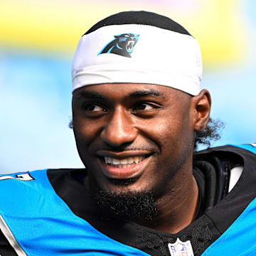 Oct 26, 2025; Charlotte, North Carolina, USA; Carolina Panthers wide receiver Xavier Legette (17) on the field before a game against the Buffalo Bills at Bank of America Stadium. Mandatory Credit: Bob Donnan-Imagn Images