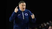 Penn State men's basketball coach Mike Rhoades reacts on the sidelines during the second half against the Virginia Tech Hokies at CFG Bank Arena in Baltimore.