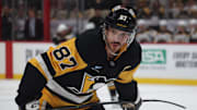 Apr 13, 2025; Pittsburgh, Pennsylvania, USA;  Pittsburgh Penguins center Sidney Crosby (87) looks on before a face-off against the Boston Bruins during the third period at PPG Paints Arena. Mandatory Credit: Charles LeClaire-Imagn Images
