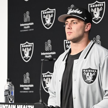 Apr 26, 2024; Henderson, NV, USA; Las Vegas Raiders tight end Brock Bowers speaks to the media at Intermountain Health Performance Center in Henderson, NV.  Mandatory Credit: Candice Ward-USA TODAY Sports