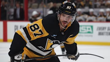 Apr 13, 2025; Pittsburgh, Pennsylvania, USA;  Pittsburgh Penguins center Sidney Crosby (87) looks on before a face-off against the Boston Bruins during the third period at PPG Paints Arena. Mandatory Credit: Charles LeClaire-Imagn Images