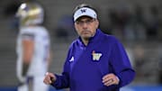 Nov 22, 2025; Pasadena, California, USA;  Washington Huskies head coach Jedd Fisch on the field prior to the game against the UCLA Bruins at the Rose Bowl. Mandatory Credit: Jayne Kamin-Oncea-Imagn Images