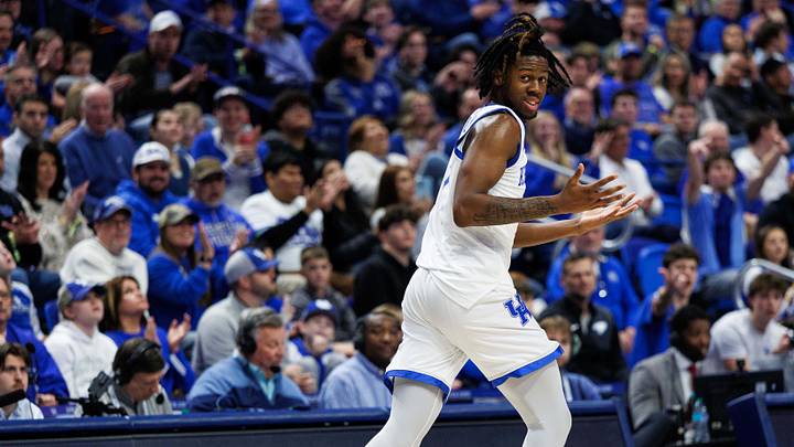 Dec 23, 2025; Lexington, Kentucky, USA; Kentucky Wildcats guard Kam Williams (3) reacts after making a three point basket during the second half against the Bellarmine Knights at Rupp Arena at Central Bank Center. Mandatory Credit: Jordan Prather-Imagn Images