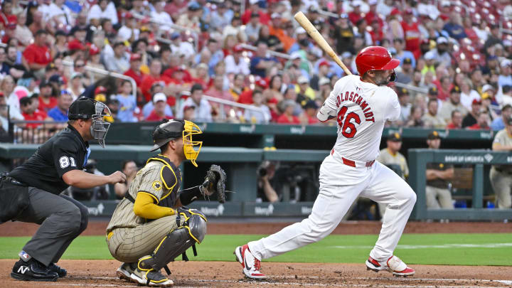 Aug 26, 2024; St. Louis, Missouri, USA;  St. Louis Cardinals first baseman Paul Goldschmidt (46) hits a one run single against the San Diego Padres during the second inning at Busch Stadium. Mandatory Credit: Jeff Curry-USA TODAY Sports