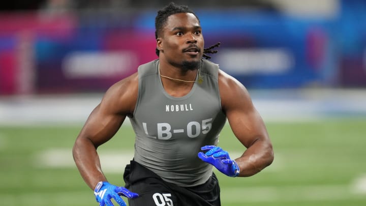 Indiana linebacker Aaron Casey works out during the 2024 NFL Combine at Lucas Oil Stadium. 