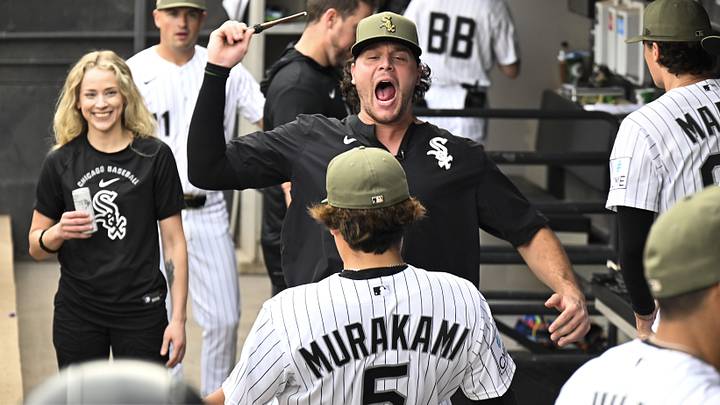 May 16, 2026; Chicago, Illinois, USA;  Chicago White Sox pitcher Mike Vasil is seen in the dugout with first baseman Munetaka Murakami (5) before the team’s game against the Chicago Cubs at Rate Field. Mandatory Credit: Matt Marton-Imagn Images