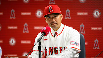Oct 22, 2025; Los Angeles, CA, USA; Los Angeles Angels manager Kurt Suzuki speaks during a press conference at Angel Stadium. Mandatory Credit: William Liang-Imagn Images