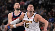 Apr 26, 2025; Inglewood, California, USA; Denver Nuggets center Nikola Jokic (15) and Los Angeles Clippers center Ivica Zubac (40) looks for a rebound in the second half of game four of round one of the 2024 NBA Playoffs at Intuit Dome. Mandatory Credit: Jayne Kamin-Oncea-Imagn Images