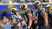 Nov 16, 2025; Inglewood, California, USA; Los Angeles Rams running back Kyren Williams (23) celebrates with tight end Tyler Higbee (89) after scoring a touchdown against the Seattle Seahawks at SoFi Stadium. Mandatory Credit: Jayne Kamin-Oncea-Imagn Images