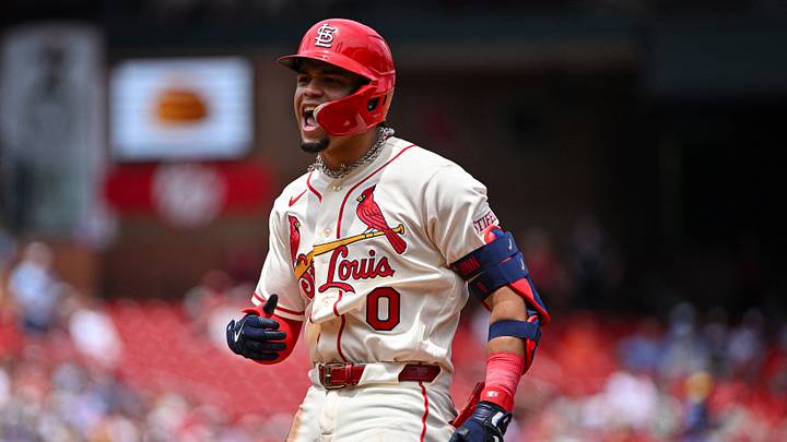 Jun 6, 2026; St. Louis, Missouri, USA; St. Louis Cardinals shortstop Masyn Winn (0) reacts after hitting a two run single against the Cincinnati Reds during the second inning at Busch Stadium. Mandatory Credit: Jeff Curry-Imagn Images